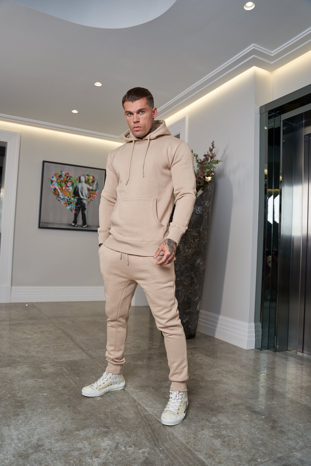 Beige Kangaroo Hoodie Top with FS Embroidery - FSH695