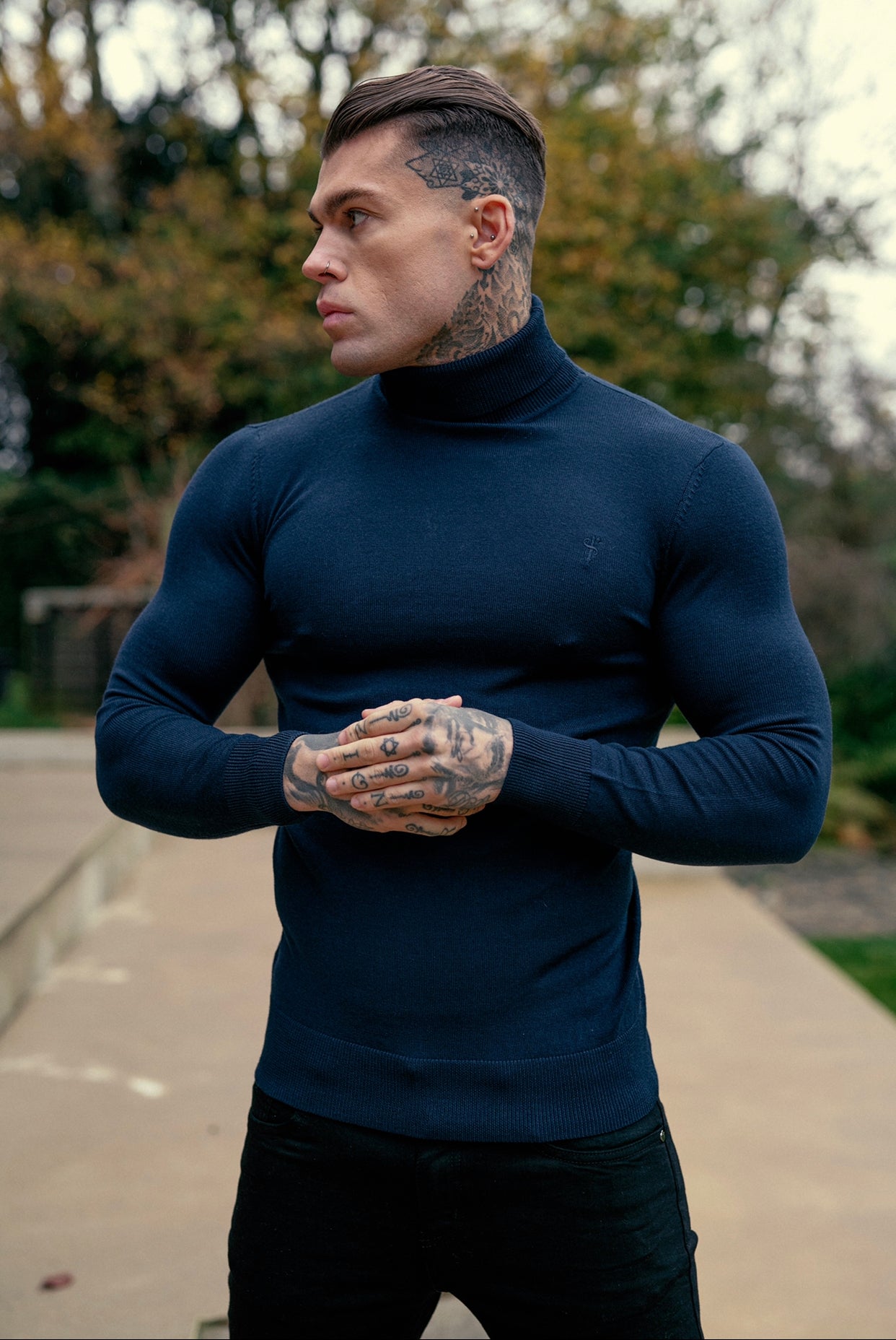 Classic Navy Roll Neck Merino Wool Knitted Jumper With FS Embroidery - FSN011