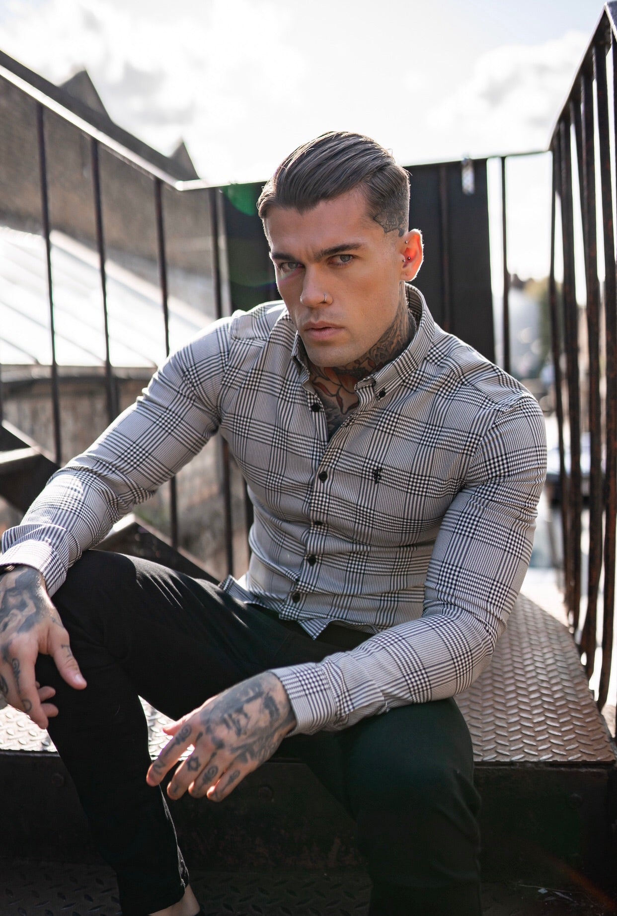 Super Slim Stretch Prince Of Wales White and Black Check Long Sleeve - FS517