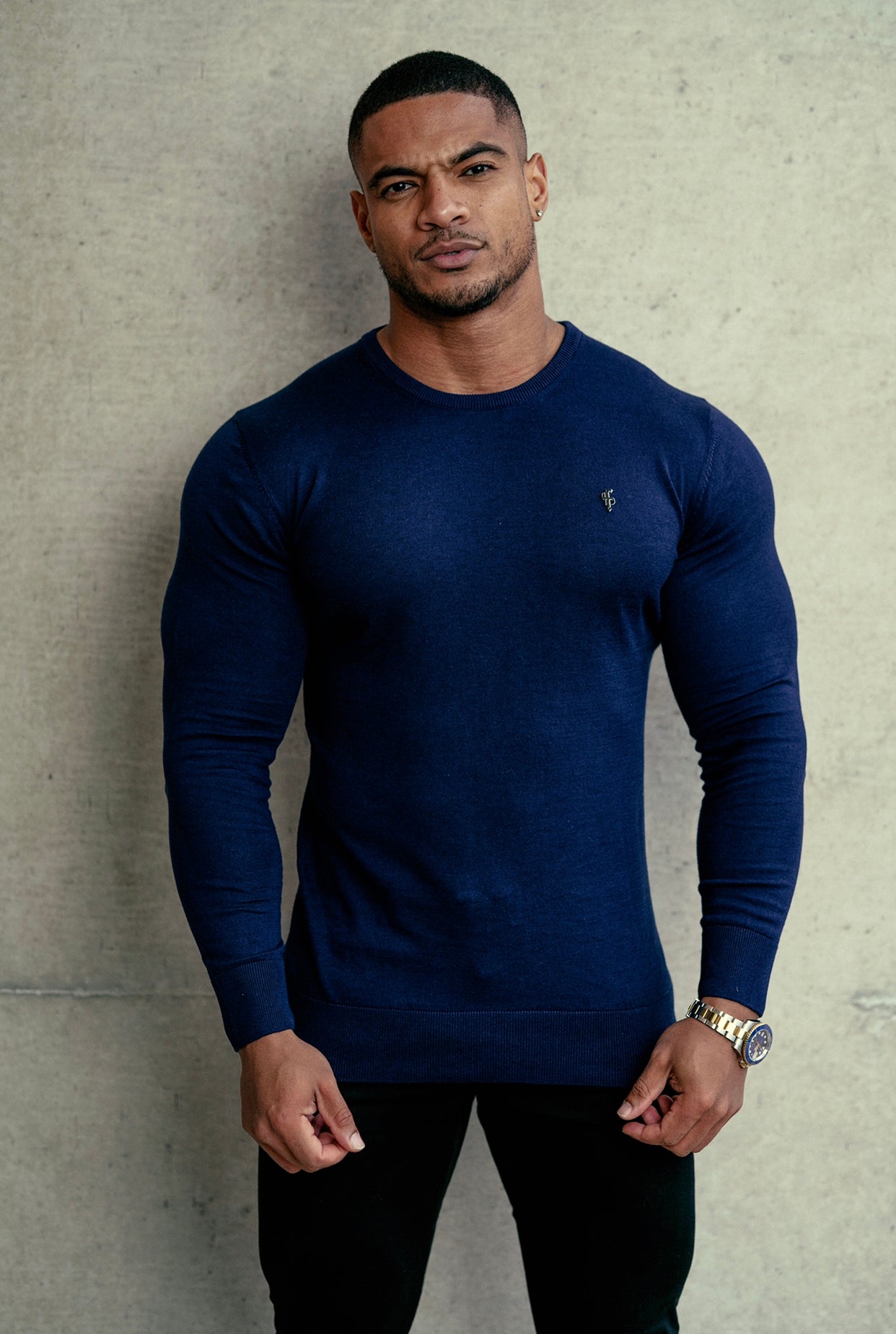Classic Navy Crew Neck Knitted Jumper with Gunmetal Emblem - FSH669