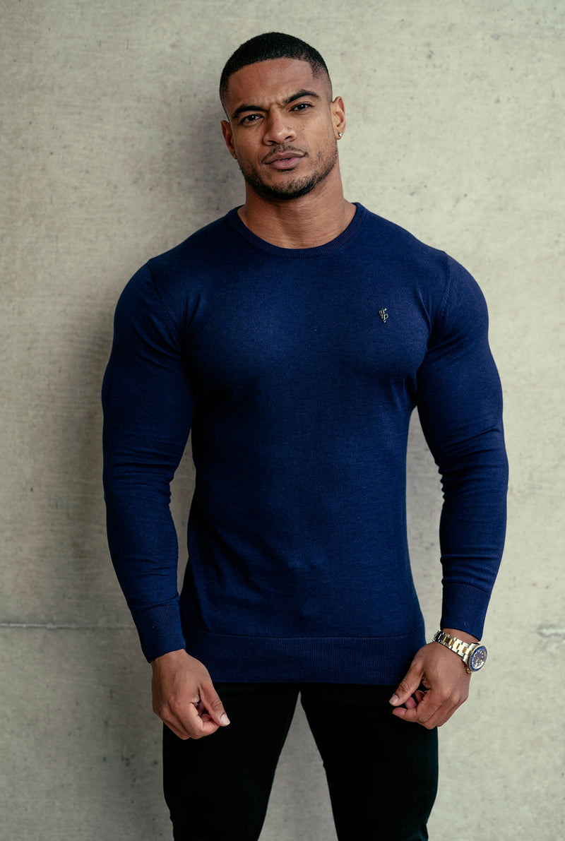 Father Sons Classic Navy Crew Neck Knitted Jumper with Gunmetal Emblem - FSH669
