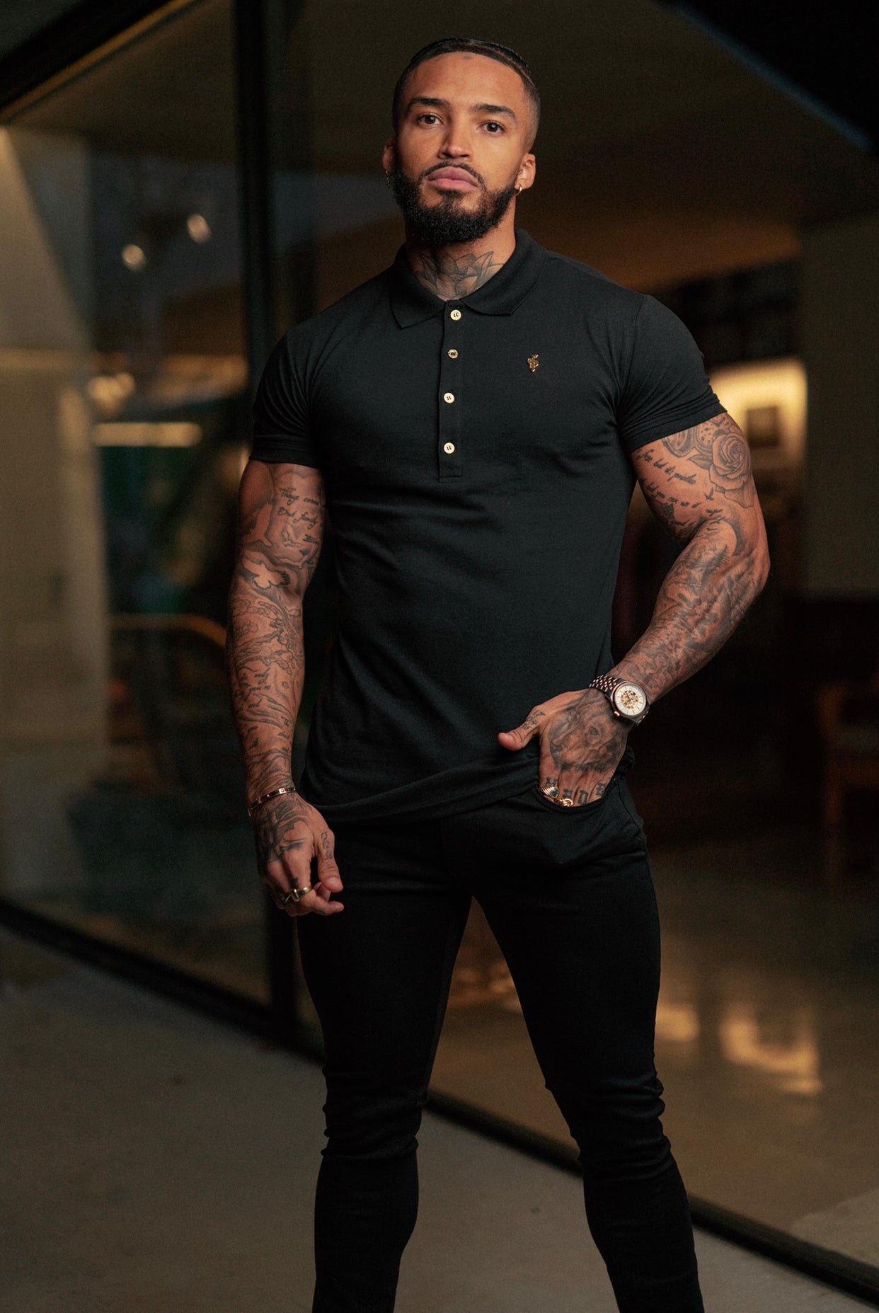 Classic Black Polo Shirt with Gold Metal Emblem Decal & Buttons - FSH458