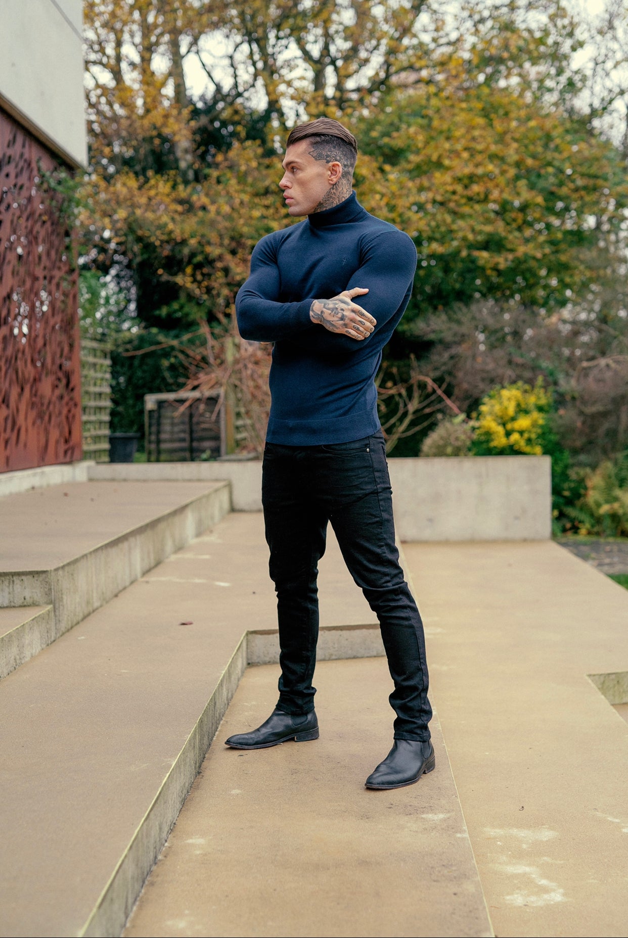 Classic Navy Roll Neck Merino Wool Knitted Jumper With FS Embroidery - FSN011