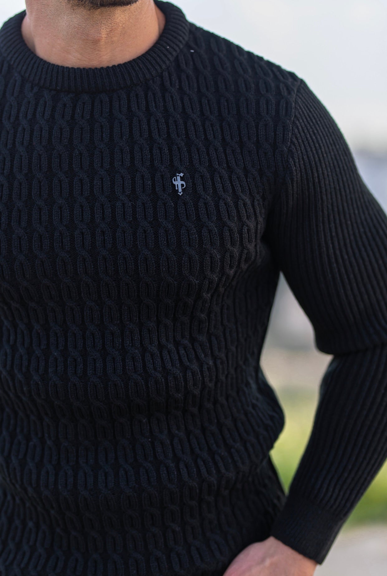 Black Knitted Braided Super Slim Jumper With Metal Decal - FSJ029