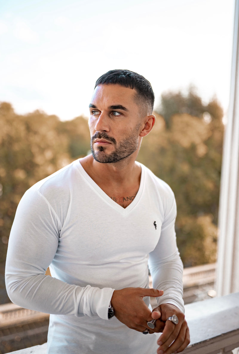 Father Sons Classic White Long Sleeve V neck Crew with ribbed cuff - FSH373