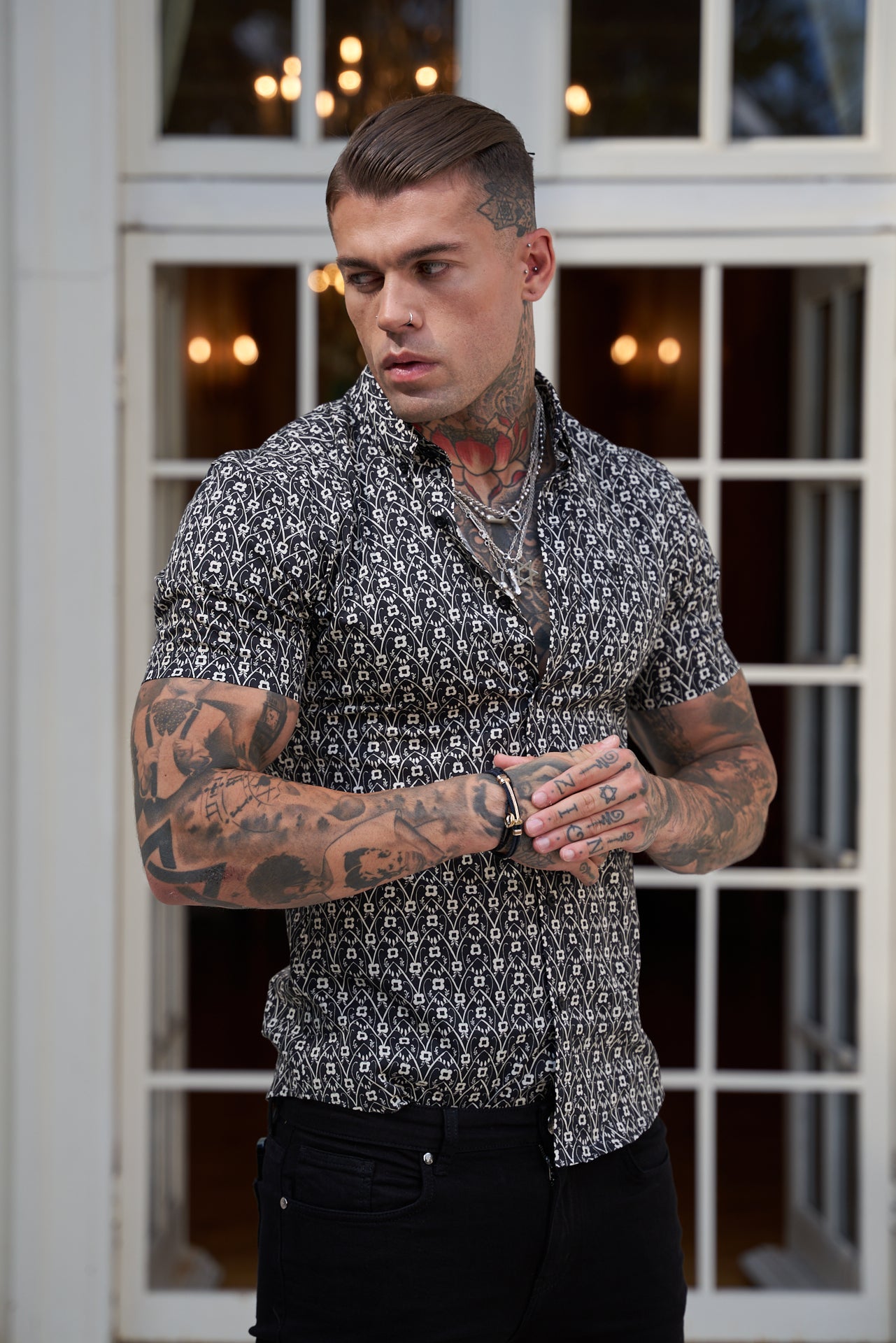 Super Slim Stretch Black and Ecru Geo Flower Print Short Sleeve with Button Down Collar - FS787