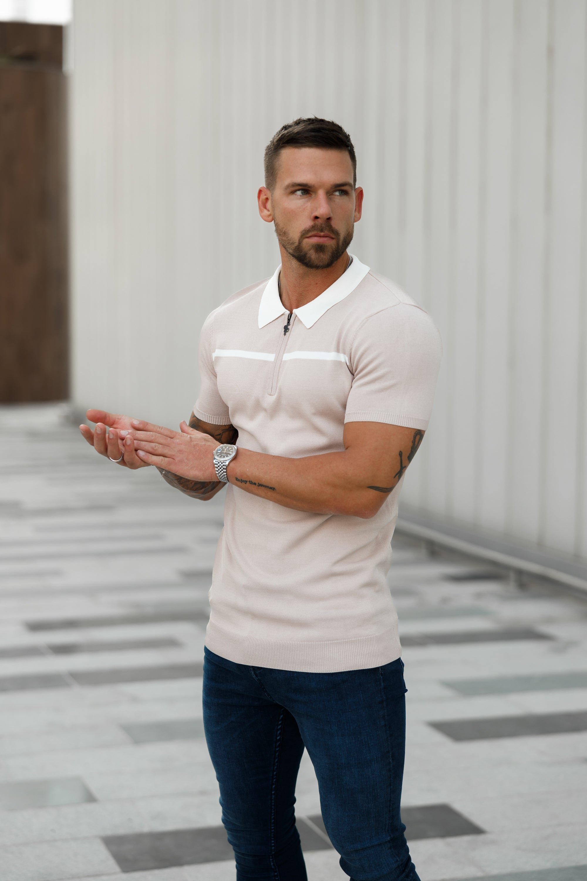 Classic Beige / White Horizontal Stripe Zipped Polo Short Sleeve - FSN041