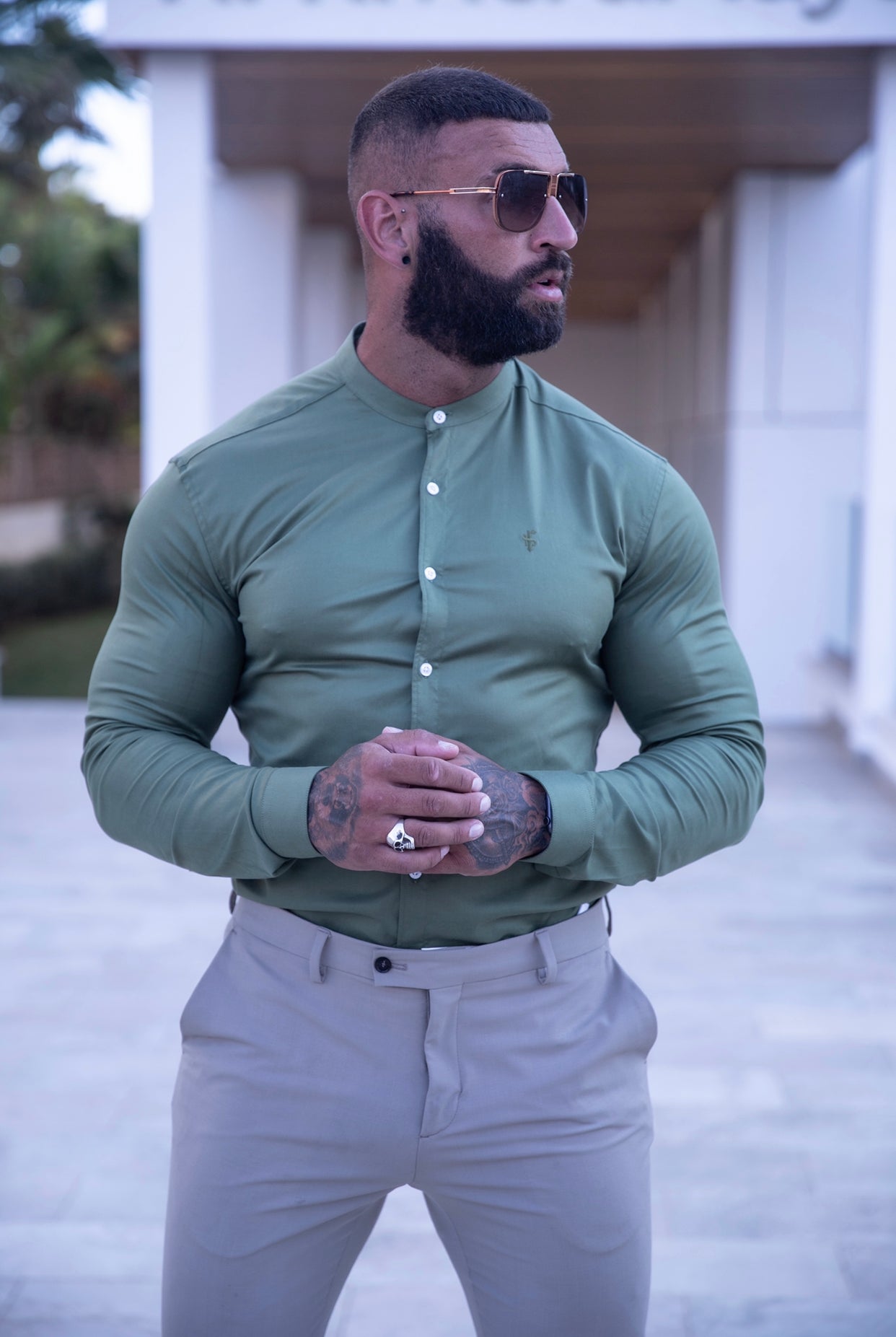 Super Slim Luxe Ultra Stretch Khaki Long Sleeve with Grandad Collar