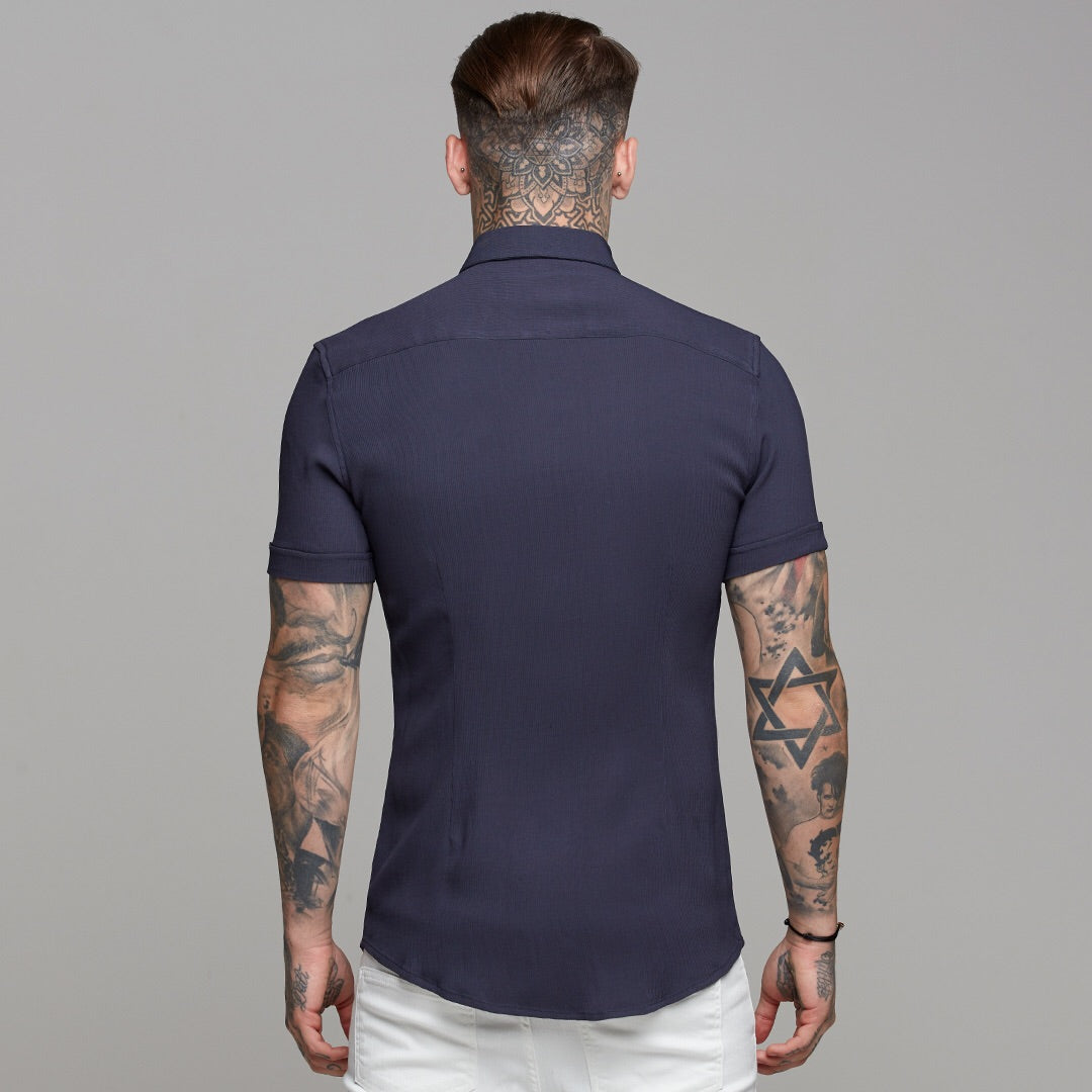 Super Slim Stretch Ribbed Navy Short Sleeve - FS442