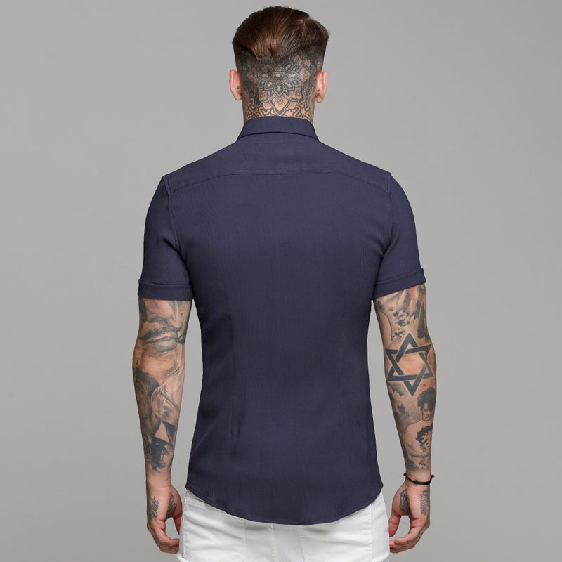 Father Sons Super Slim Stretch Ribbed Navy Short Sleeve - FS442