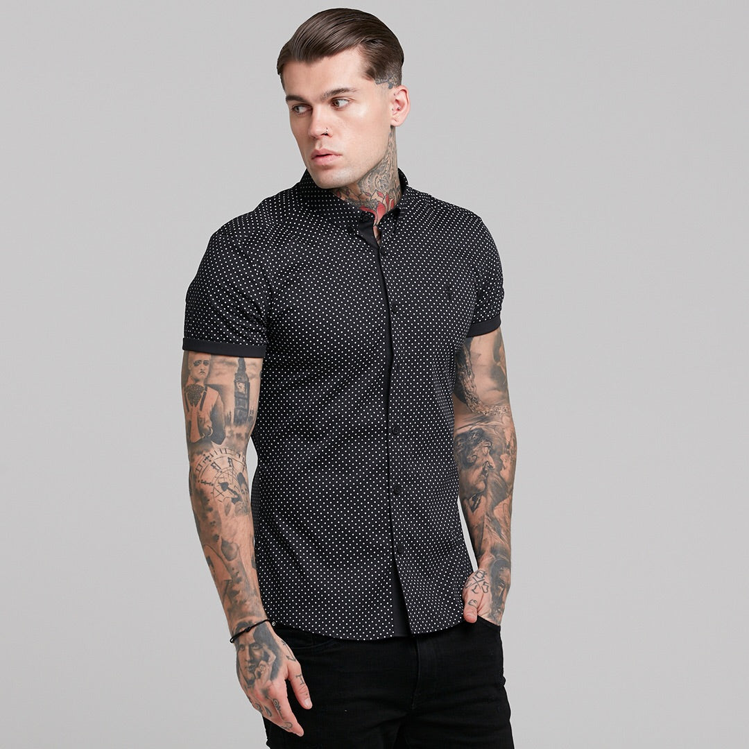 Super Slim Stretch Black & White Ditsy Print Short Sleeve FS412