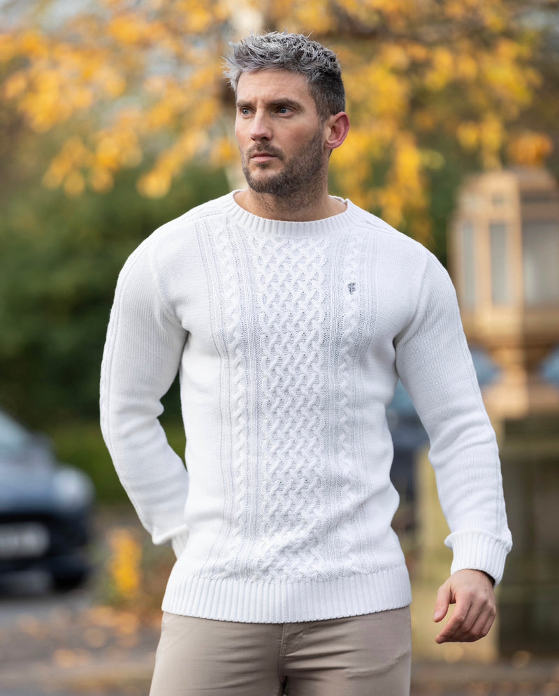 Father Sons Off White Knitted Cable Saddle Crew Super Slim Jumper With Metal Decal - FSN075