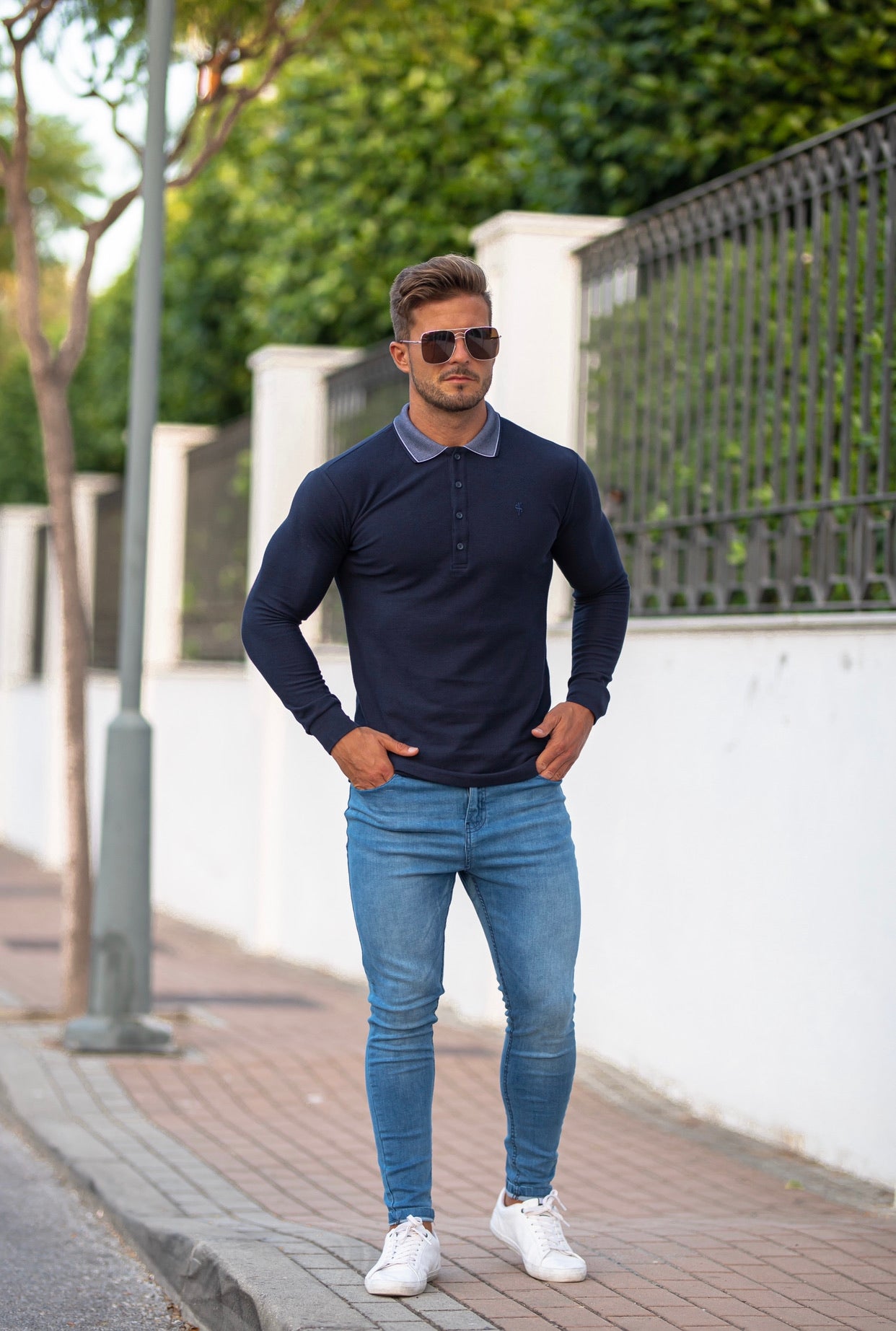Classic Navy Honeycomb Textured Polo Shirt with Contrast Collar Long Sleeve  - FSH425