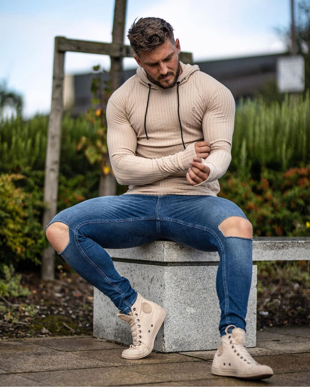 Classic Beige Ribbed Knit Hoodie Jumper - FSH412