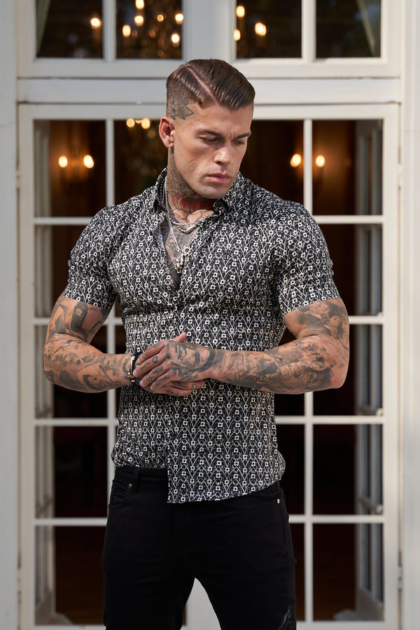 Father Sons Super Slim Stretch Black and Ecru Geo Flower Print Short Sleeve with Button Down Collar - FS787