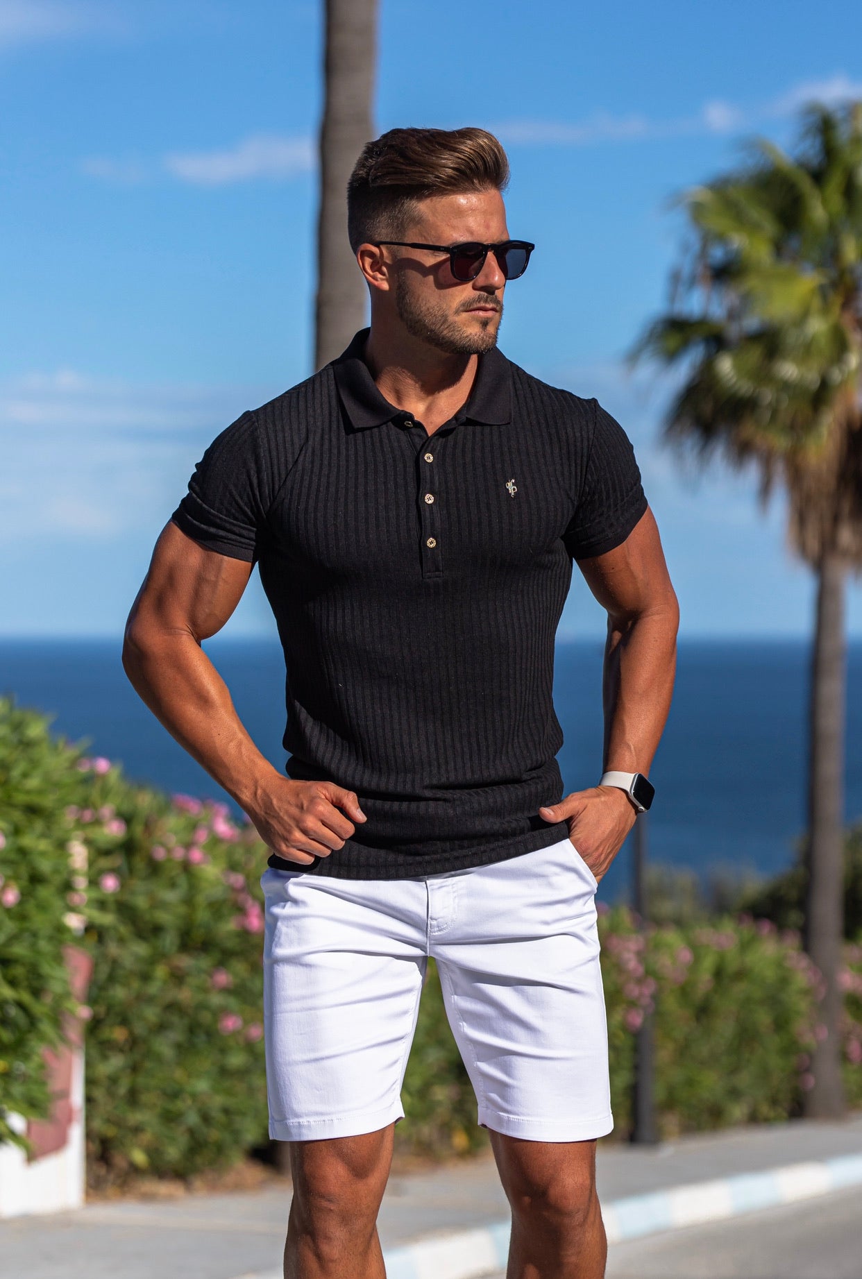 Classic Black Ribbed Polo Shirt with Gold Metal Emblem Decal & Buttons - FSH495