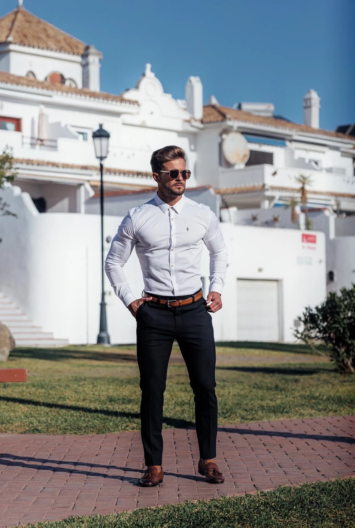 Super Slim Stretch White Denim Long Sleeve with Gold Metal Decal and Buttons - FS893
