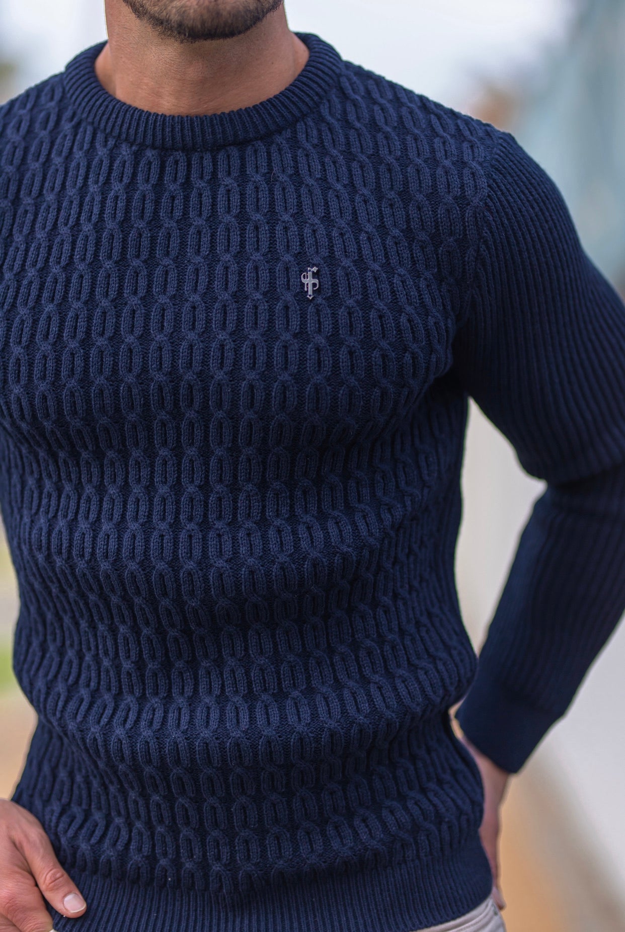 Navy Knitted Braided Super Slim Jumper With Metal Decal - FSJ030