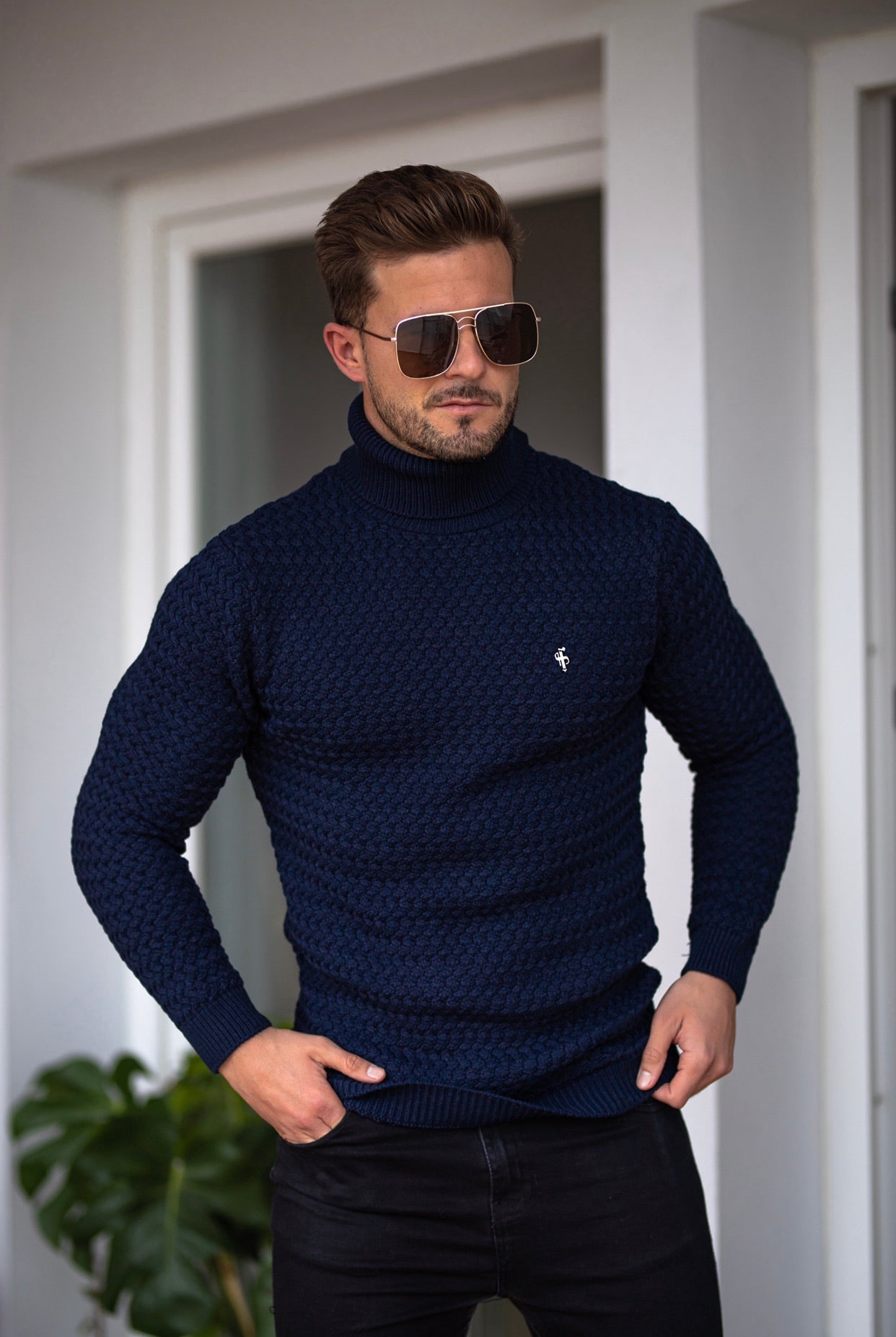Navy Knitted Roll Neck Weave Super Slim Jumper With Metal Decal - FSJ025