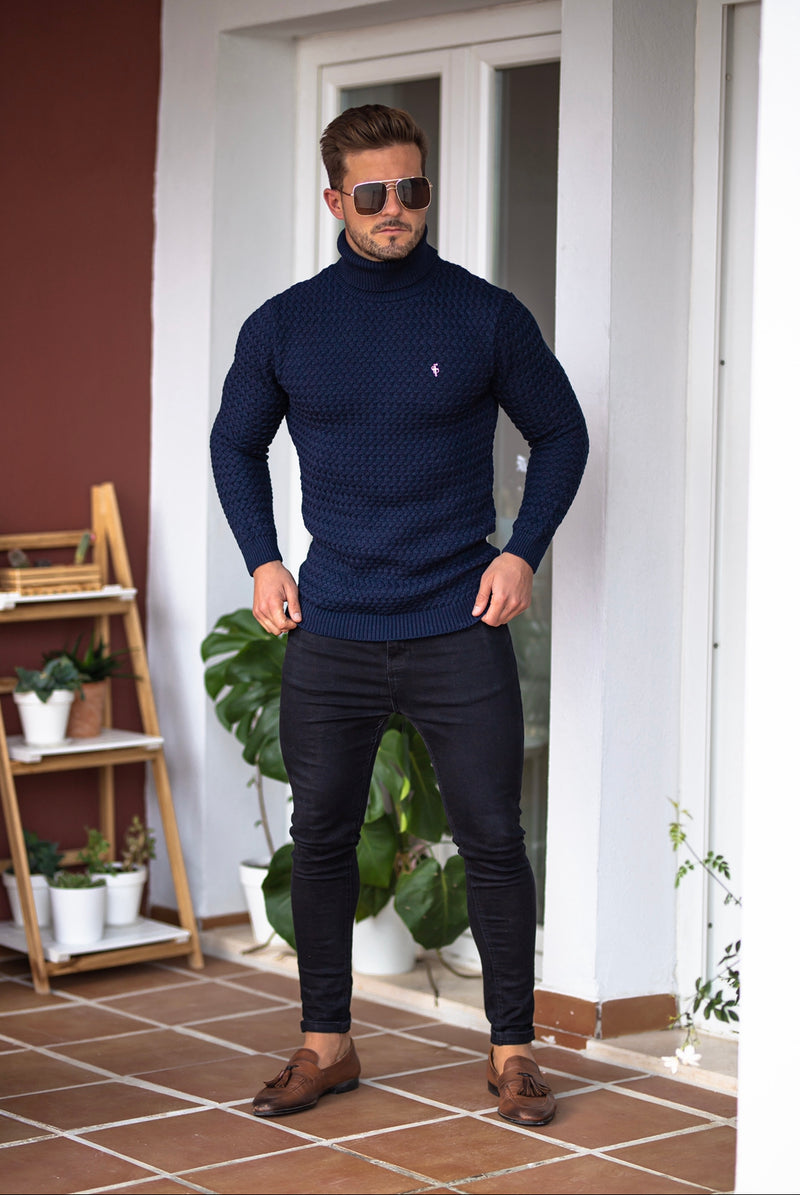 Father Sons Navy Knitted Roll Neck Weave Super Slim Jumper With Metal Decal - FSJ025