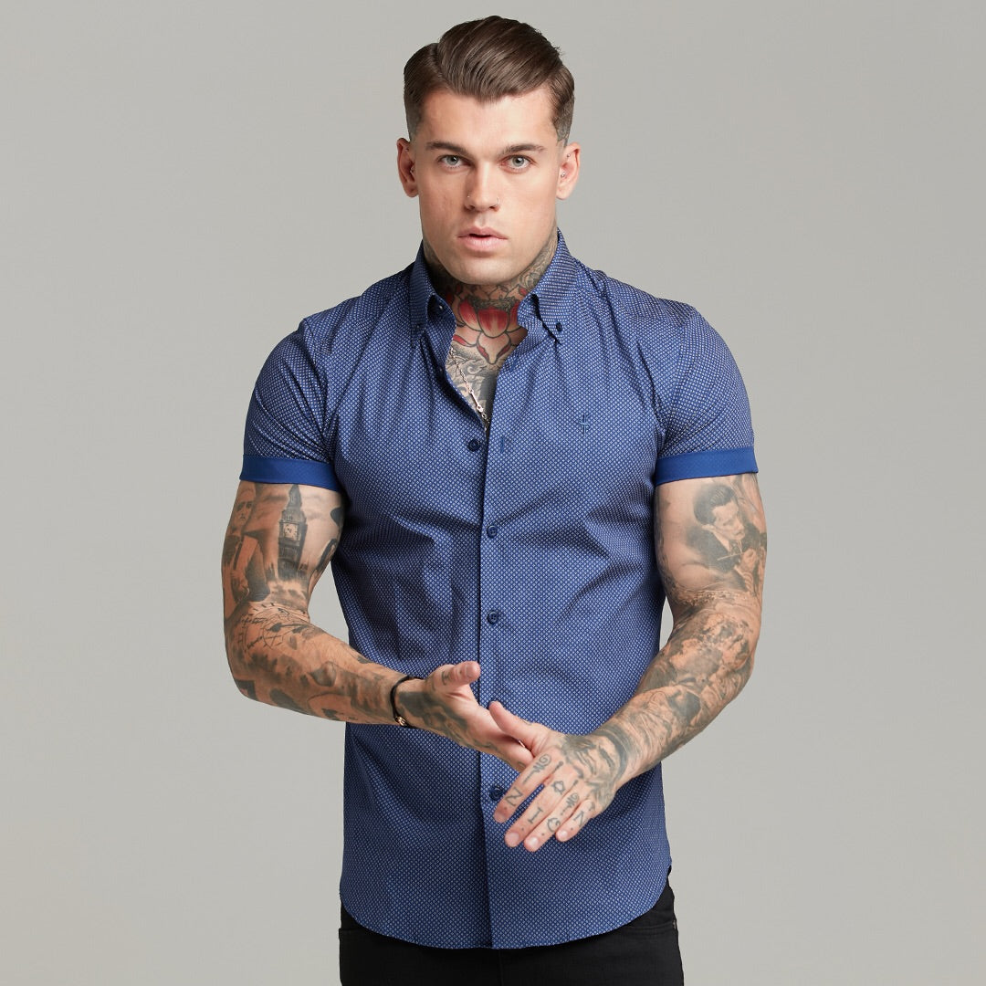 Classic Navy Print Short Sleeve Button Down - FS607
