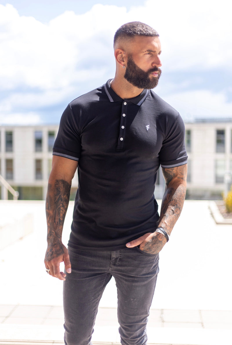 Father Sons Classic Black Pima Polo Shirt with Contrast Collar Short Sleeve  - FSH395