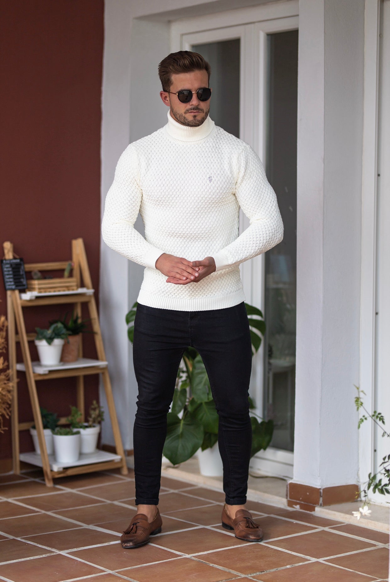 Cream Knitted Roll Neck Weave Super Slim Jumper With Metal Decal - FSJ026