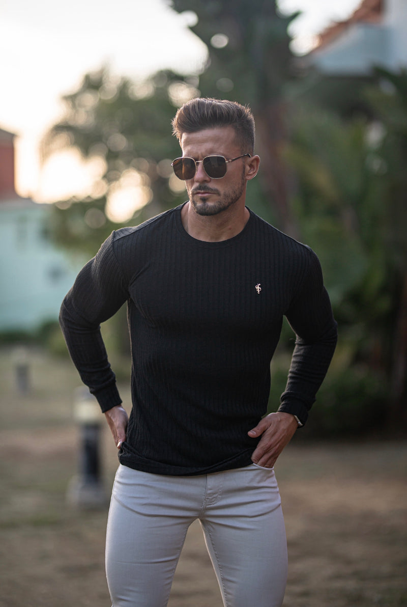 Father Sons Classic Black Ribbed Knit Super Slim Crew Long Sleeve with Gold Metal Emblem - FSH533