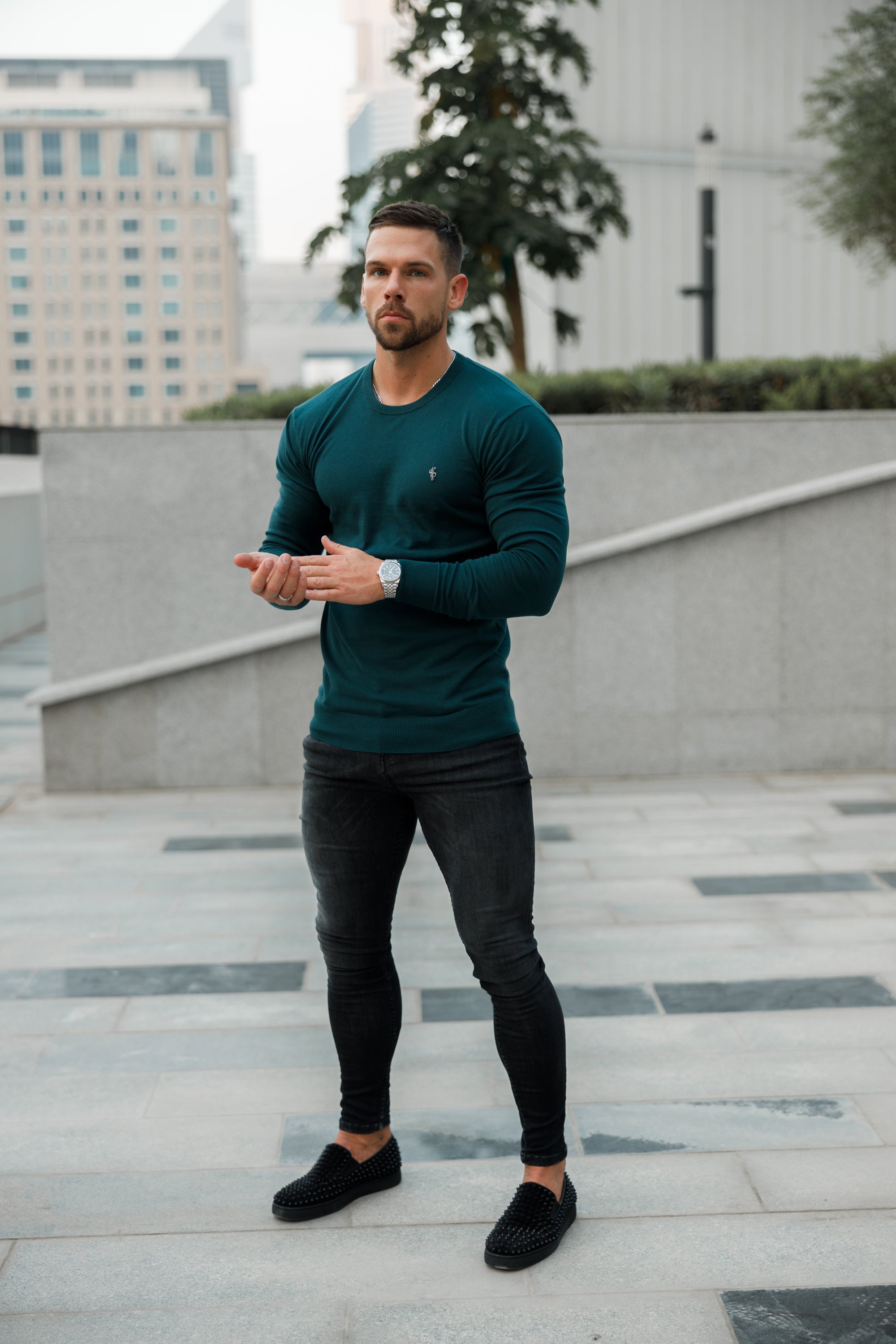 Classic Forest Green Light Weight Knitted Crew Neck with Metal Decal - FSN095