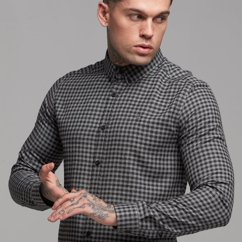Father Sons Classic Black & Grey Brushed Check Long Sleeve (Grey Emblem) - FS411
