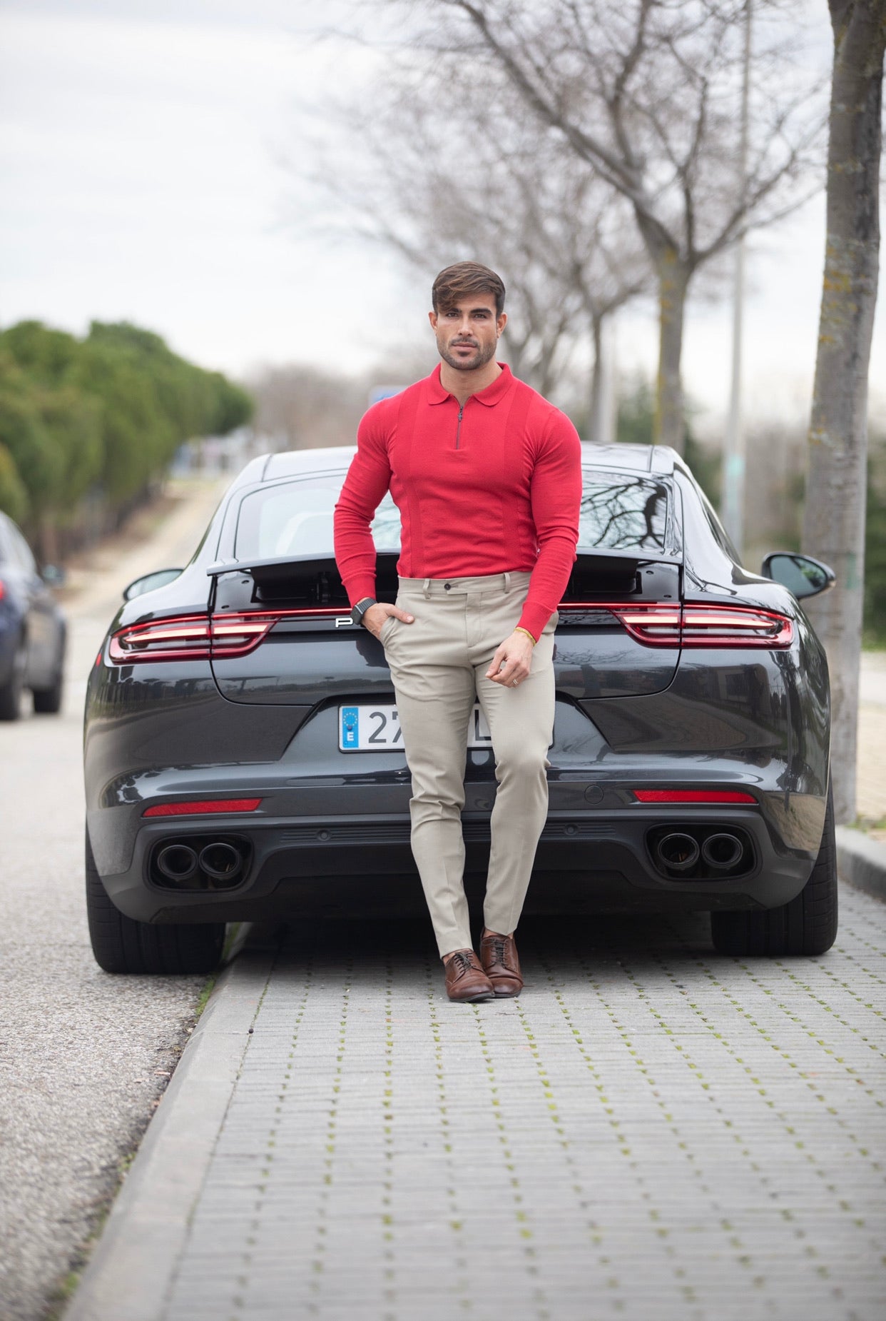 Classic Poppy Red and Black Zip Knitted Long Sleeve Polo Shirt - FSH567