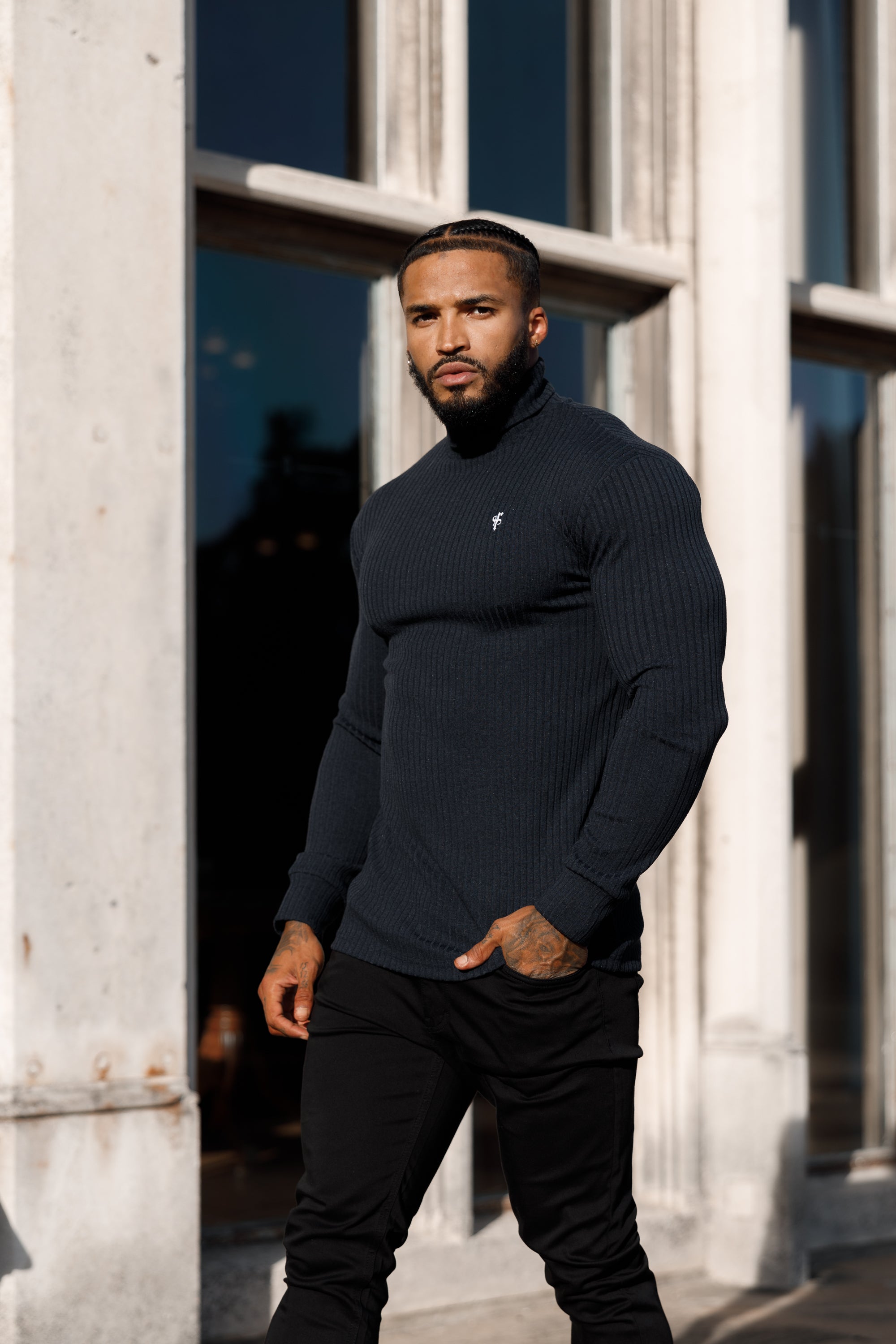 Classic Navy Ribbed Knit Roll neck Jumper - FSH778