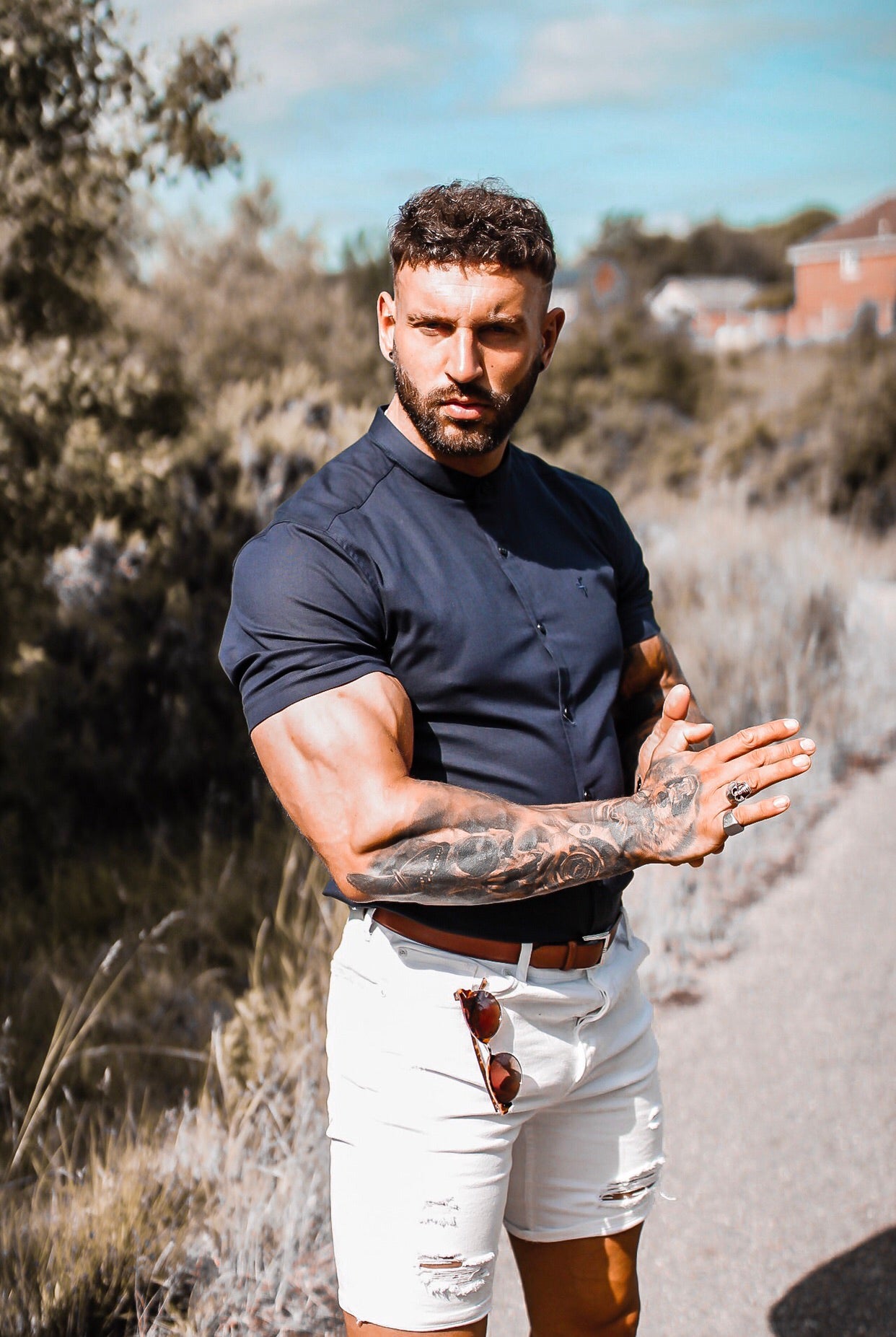 Super Slim Stretch Grandad Collar Short Sleeve Classic Navy Oxford - FS584