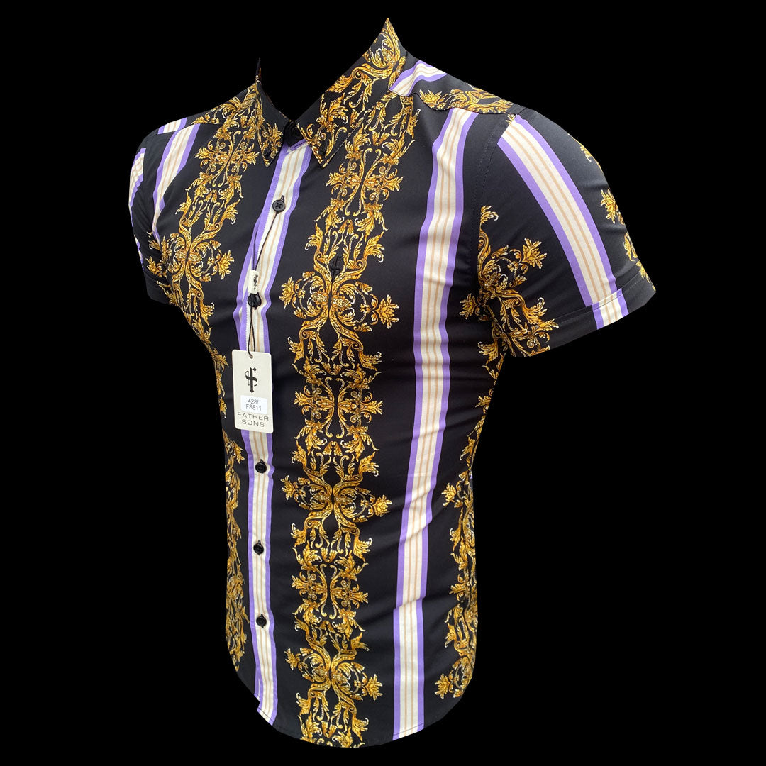 Super Slim Stretch Black / Gold / Purple Stripe Short Sleeve with Button Down Collar - FS811