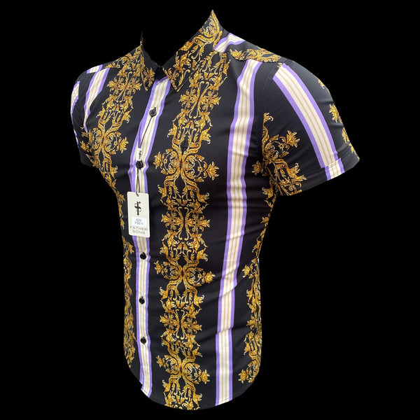 Father Sons Super Slim Stretch Black / Gold / Purple Stripe Short Sleeve with Button Down Collar - FS811