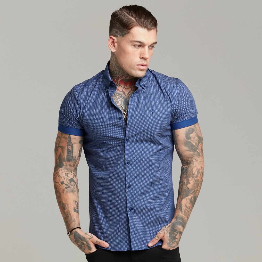 Classic Navy Print Short Sleeve Button Down - FS607
