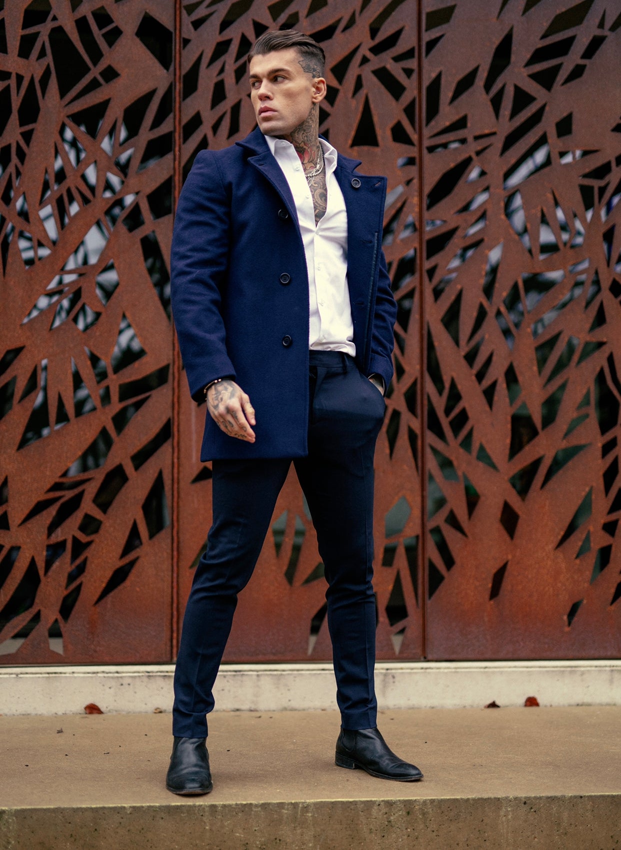 Slim Cashmere Funnel Neck Coat Navy - FSCOAT003