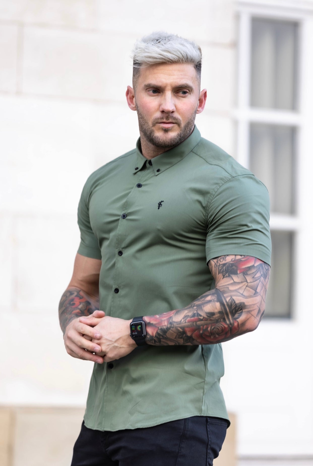 Super Slim Stretch Classic Khaki Short Sleeve With Button Down Collar -  FS818