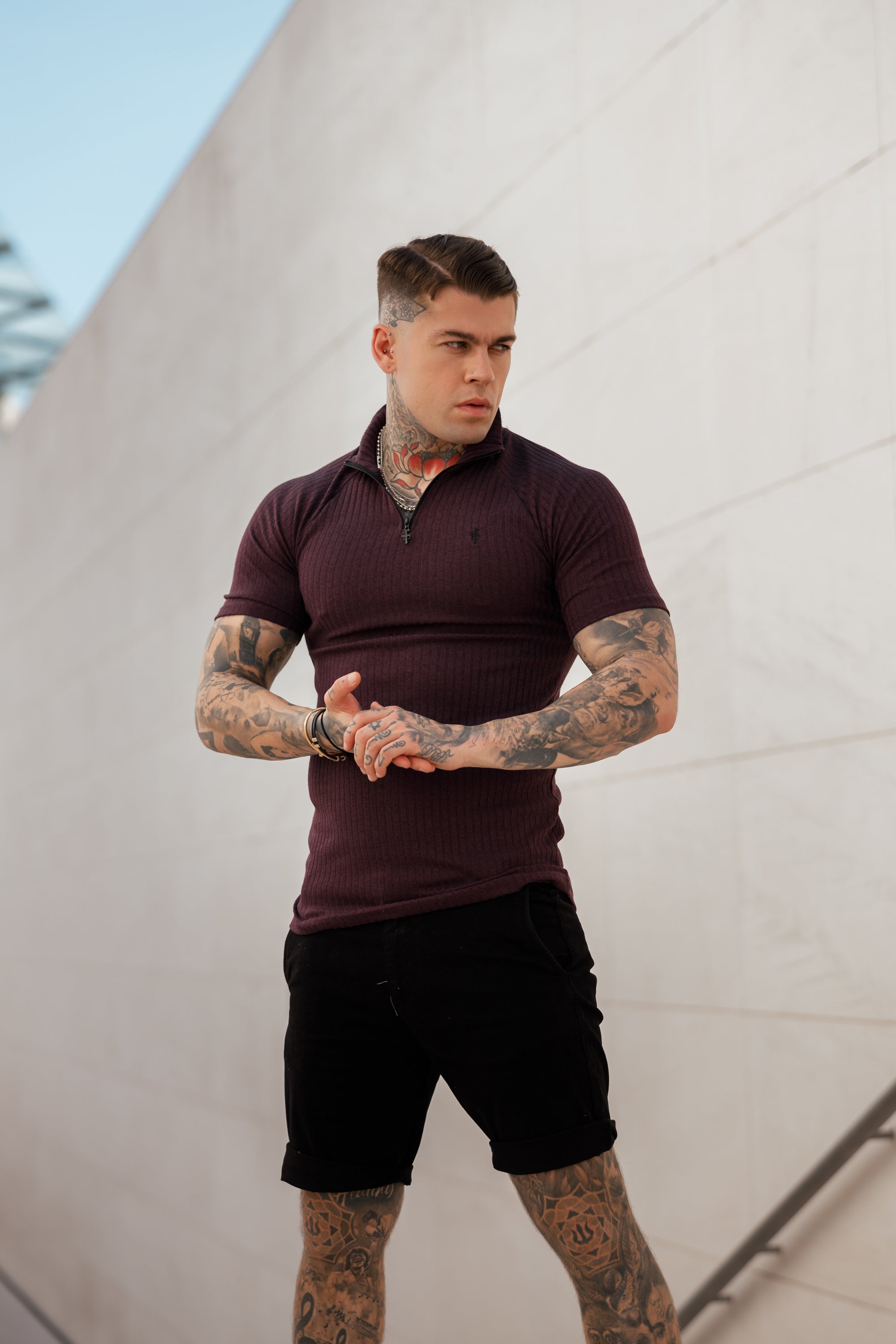 Classic Plum Ribbed Zip Funnel Neck Raglan Short Sleeve Crew - FSH732