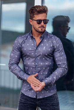Father Sons Super Slim Stretch Charcoal Floral Print Long Sleeve - FS669
