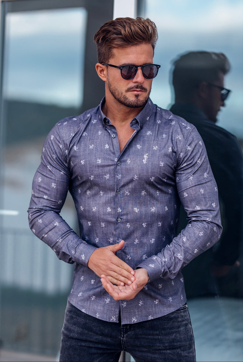Father Sons Super Slim Stretch Charcoal Floral Print Long Sleeve - FS669