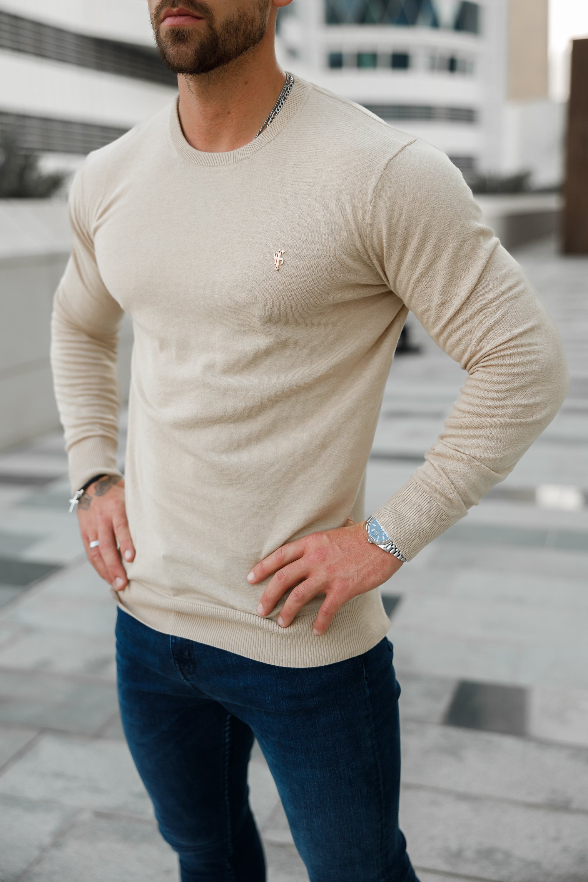 Classic Beige Light Weight Knitted Crew Neck with Gold Metal Decal - FSN093