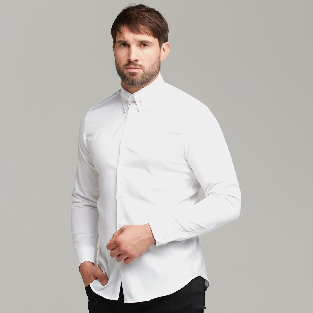 Classic White Regular Stretch Shirt with Gold Pin Collar and White Embroidery - FS593