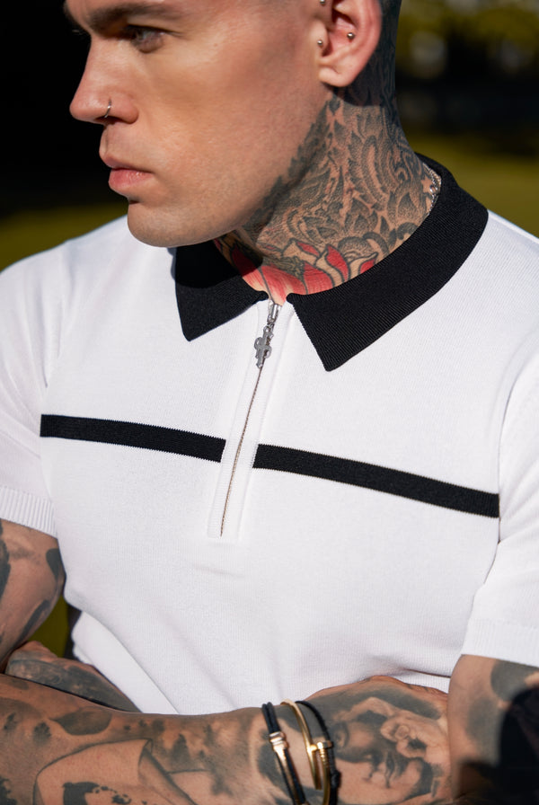 Father Sons Classic White / Black Horizontal Stripe Zipped Polo Short Sleeve - FSN043