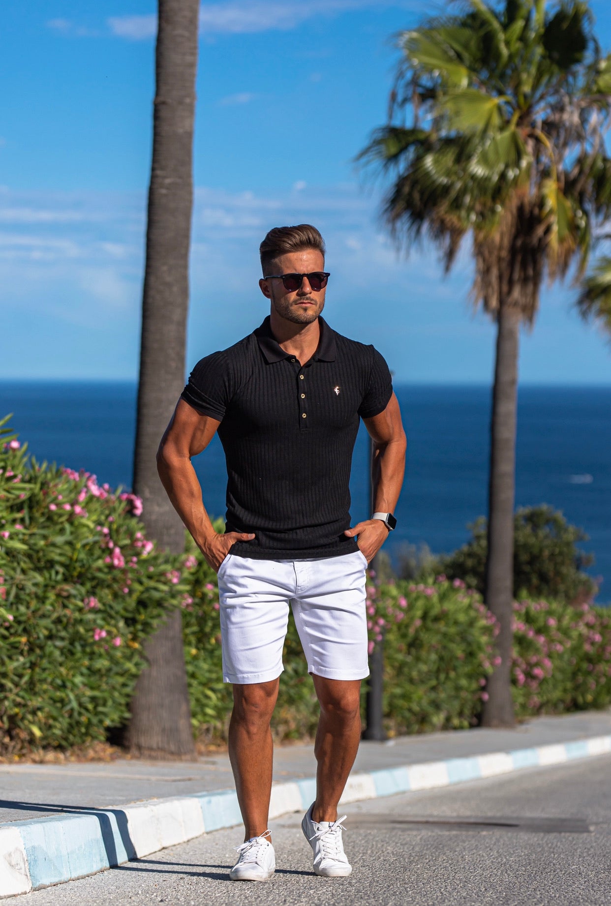 Classic Black Ribbed Polo Shirt with Gold Metal Emblem Decal & Buttons - FSH495