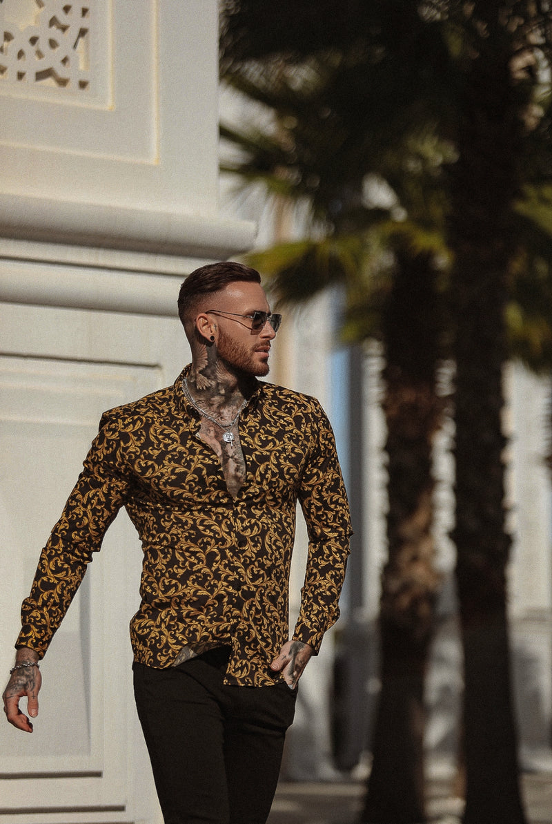 Father Sons Super Slim Stretch Black / Gold Scroll Print Long Sleeve with Button Down Collar - FS808