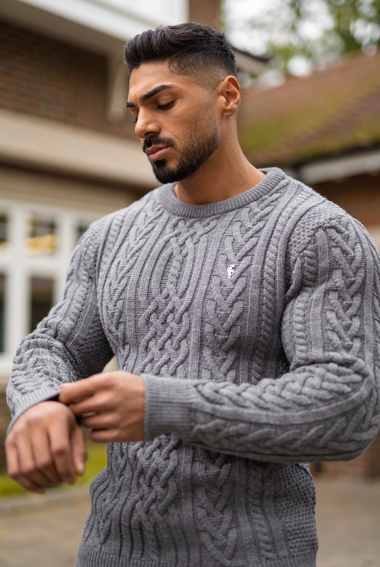 Grey Twisted Braid Weave Super Slim Jumper With Silver Decal - FSJ035