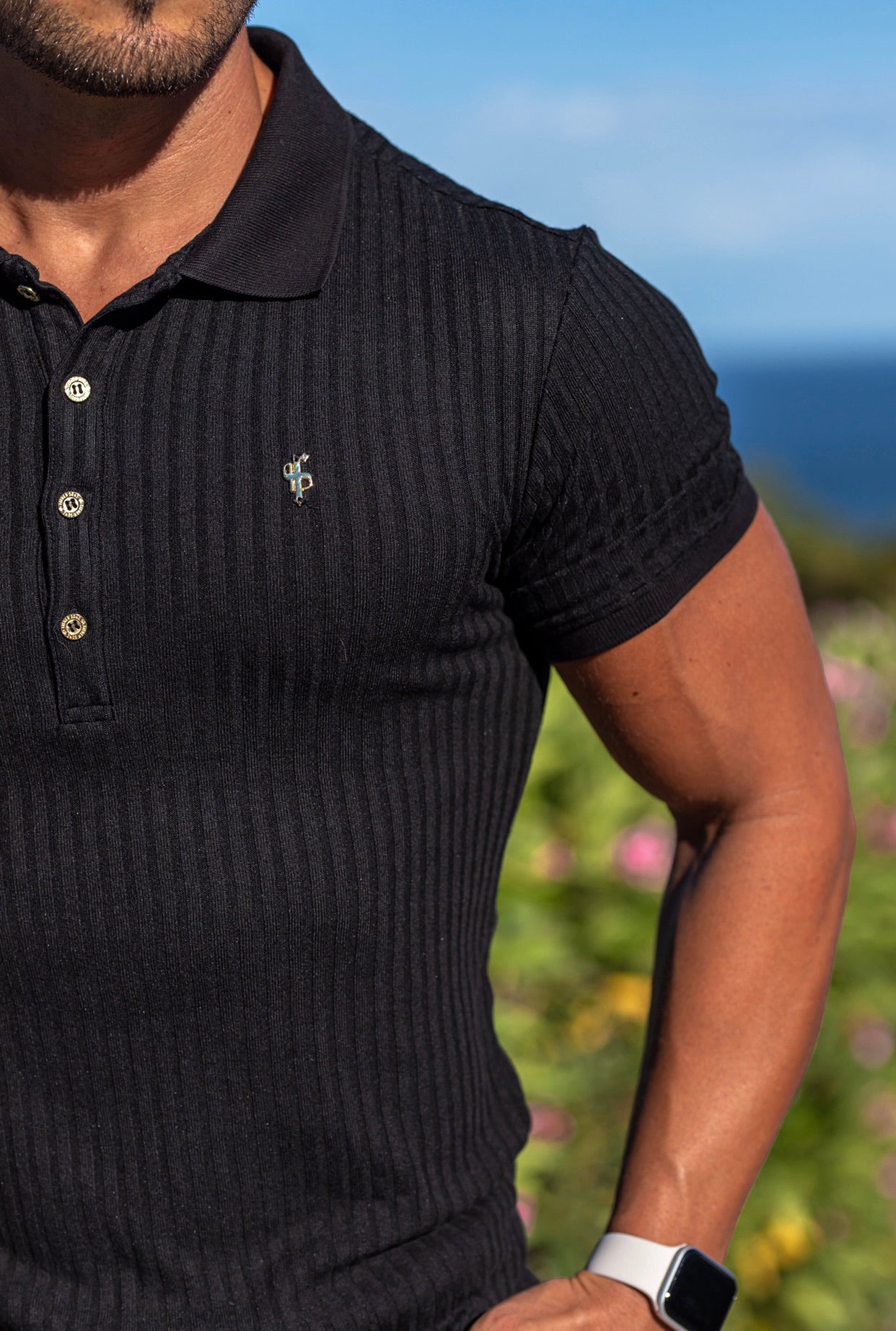 Classic Black Ribbed Polo Shirt with Gold Metal Emblem Decal & Buttons - FSH495