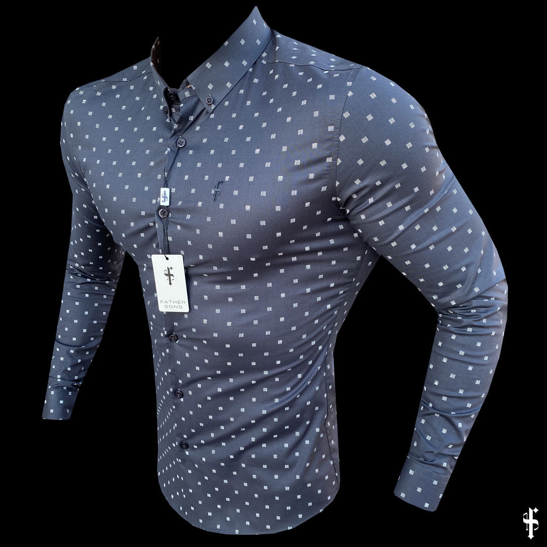 Super Slim Stretch Charcoal & Off White Broken Square Print Long Sleeve - FS663