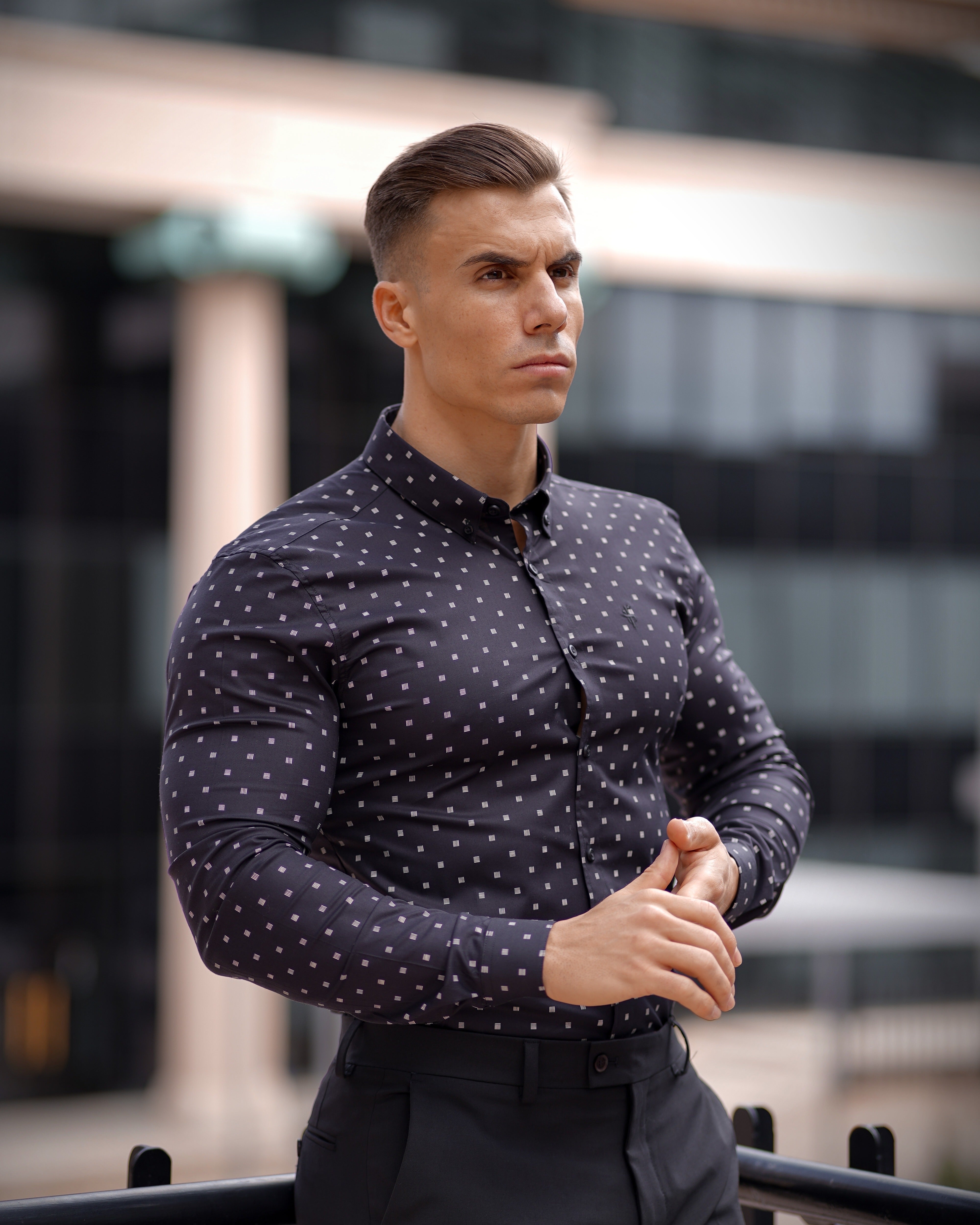 Super Slim Stretch Black & Off White Broken Square Print Long Sleeve - FS662